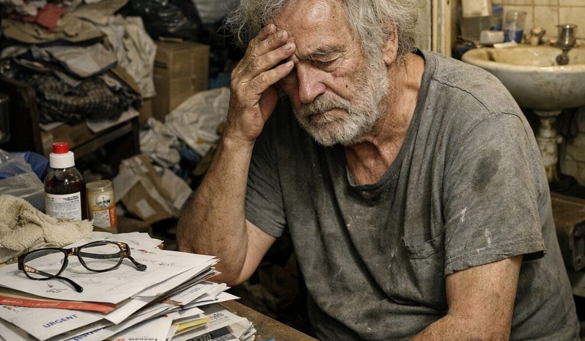 Personne âgée vivant avec un syndrome de Diogène, assise devant des courriers administratifs en retard dans un logement très encombré