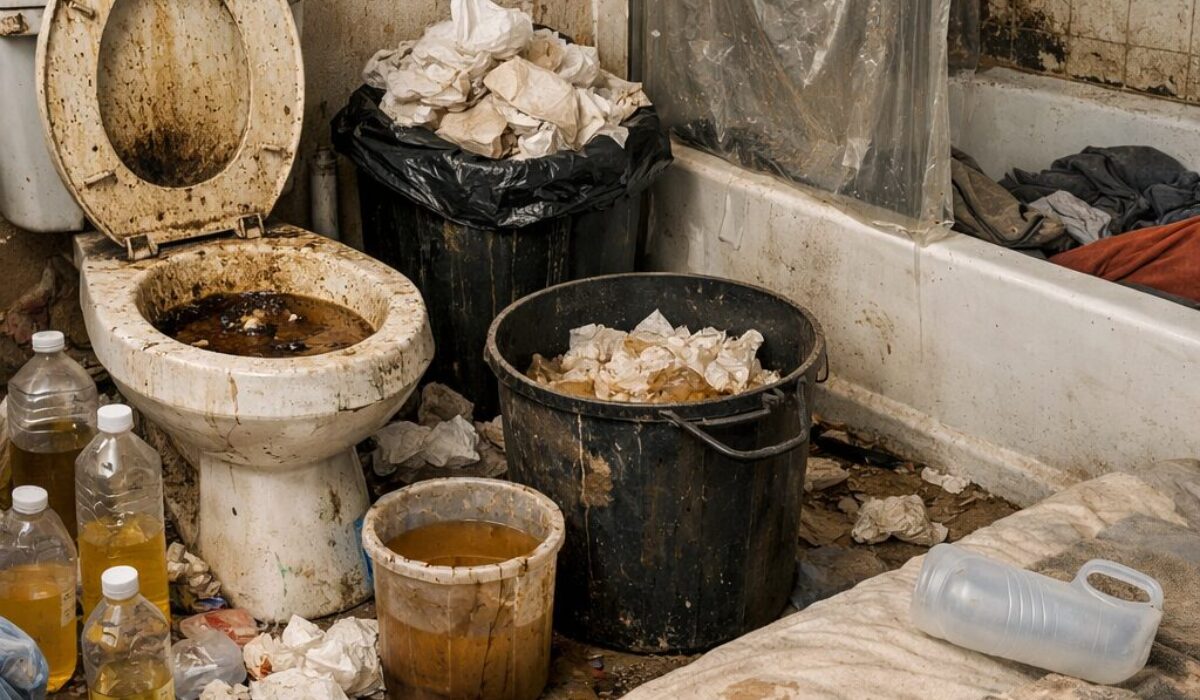 Patient ayant cessé d’utiliser correctement ses sanitaires avec signes d’évitement inquiétants dans une salle de bain insalubre