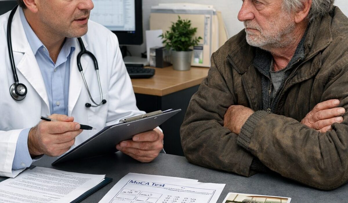 Médecin évaluant la capacité de consentement d’un patient réticent lors d’un entretien médical en cabinet