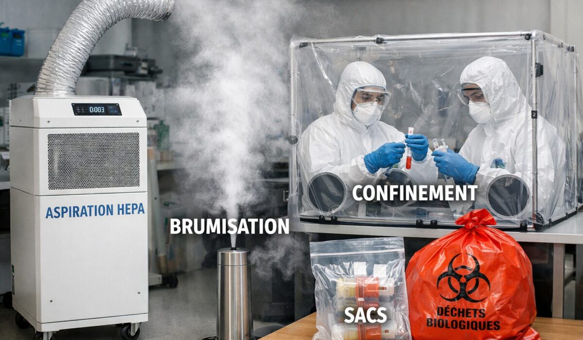 Système de prévention de la contamination de l’air avec aspiration HEPA, brumisation, confinement de zone et sacs de collecte des déchets