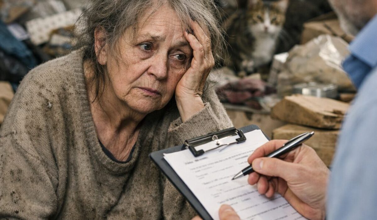 Femme âgée vivant dans un logement insalubre avec accumulation d’objets et présence d’un chat, évaluée par un professionnel dans le cadre d’un syndrome de Noé sévère