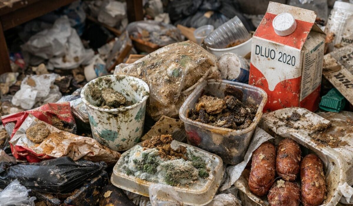 Zone de vie active encombrée avec emballages souillés, aliments périmés et déchets organiques dans un logement lié au syndrome de Diogène