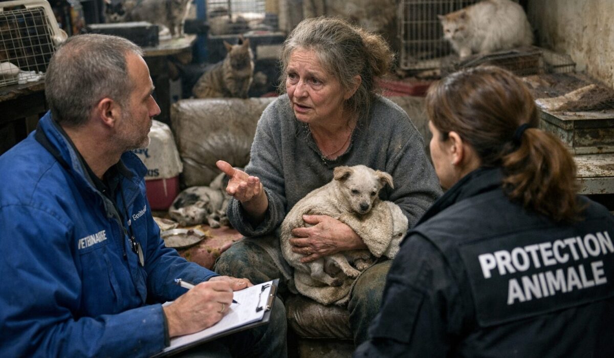 Femme âgée entourée de chiens et chats dans un logement insalubre, discutant avec un vétérinaire et une agente de protection animale