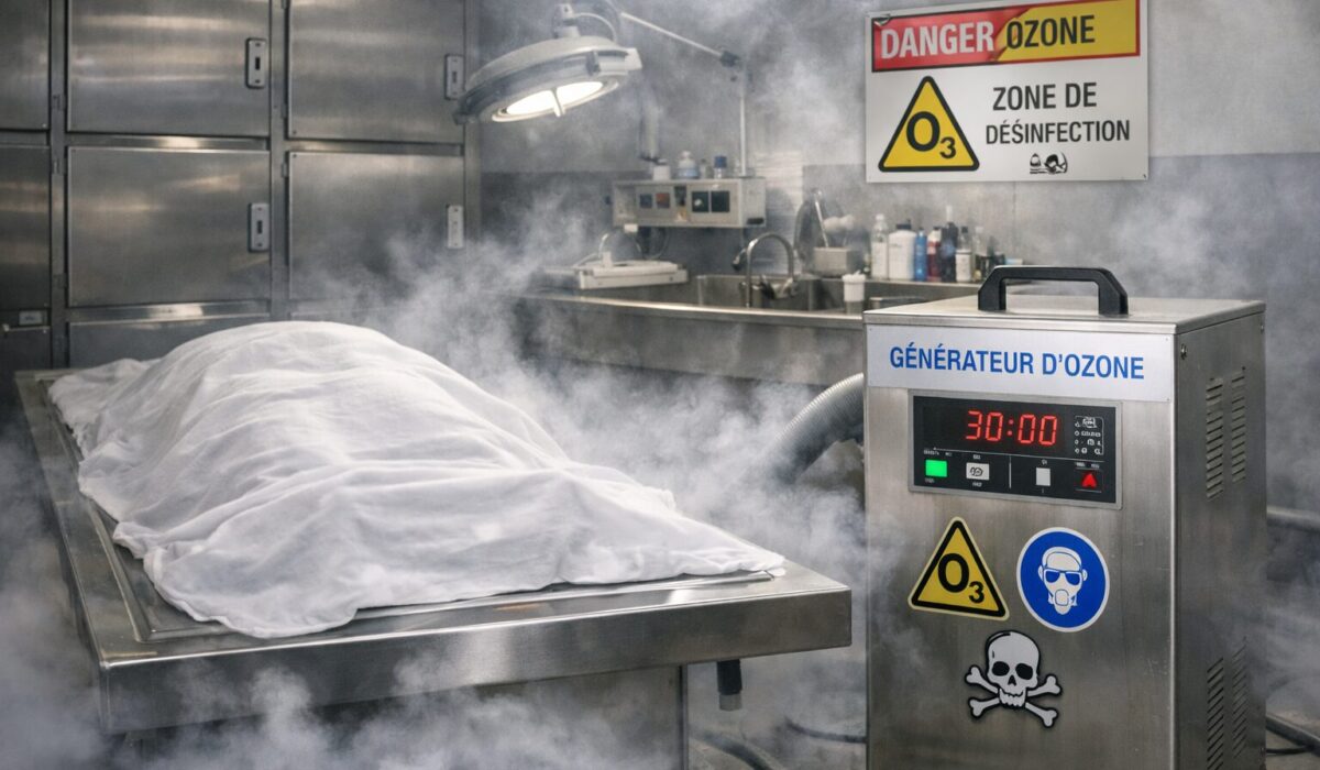 Générateur d’ozone dans une salle technique de désinfection post-mortem avec signalétique de sécurité et protocole de traitement de l’air