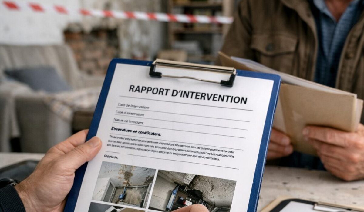 Professionnel examinant un rapport d’intervention dans un logement endommagé par un dégât des eaux pour un dossier d’assurance, de notaire ou de bailleur