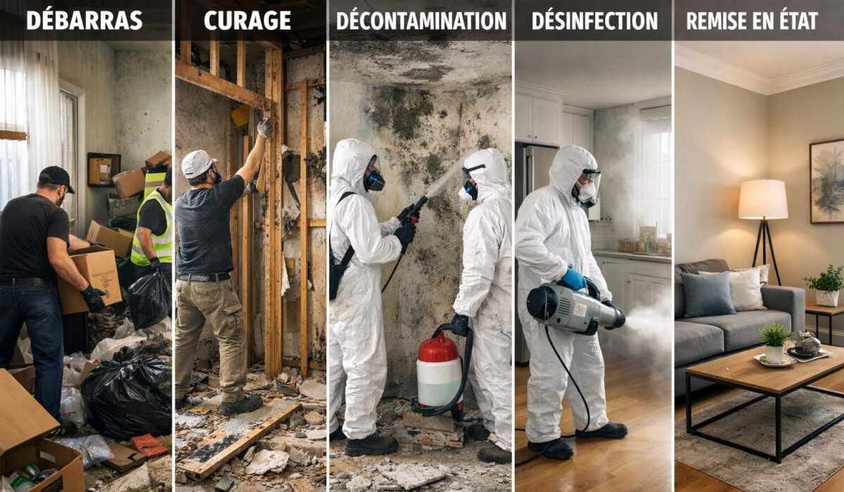 Illustration réaliste des étapes débarras, curage, décontamination, désinfection et remise en état dans un logement