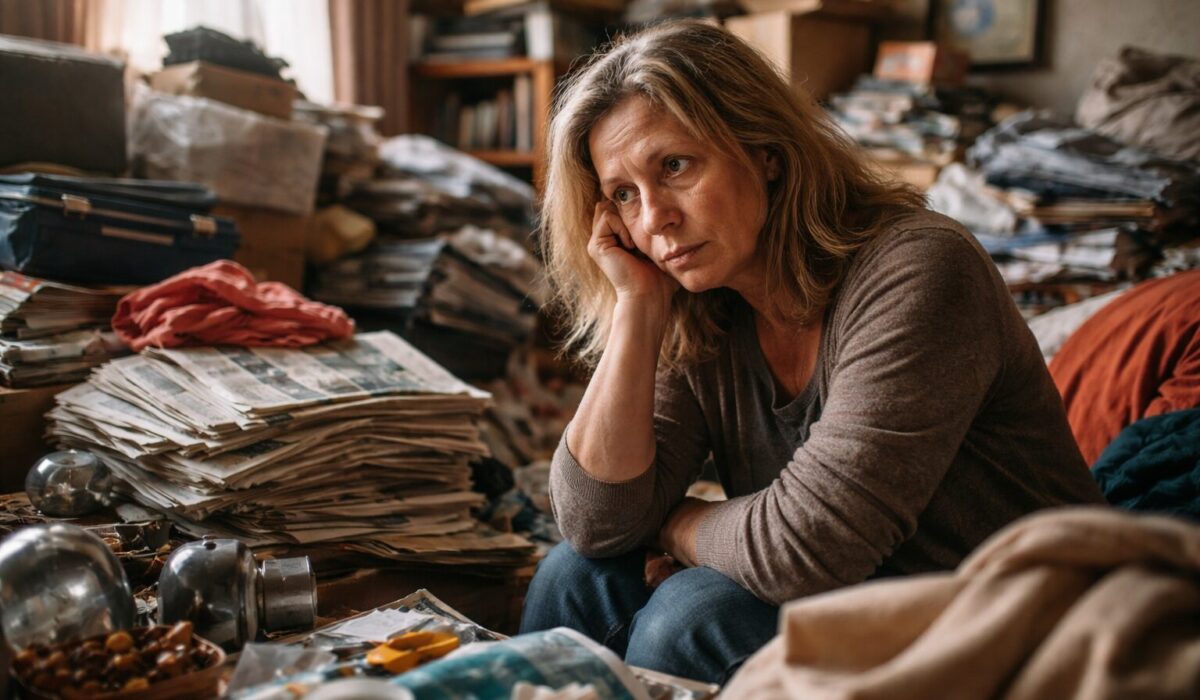 Femme assise dans une pièce encombrée d’objets, illustrant l’attachement aux affaires, la peur du manque, la confusion cognitive et la difficulté à décider
