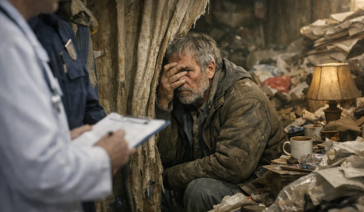Personne vivant avec le syndrome de Diogène, isolée dans un logement très encombré, illustrant la honte, la dissimulation et la peur d’être interné