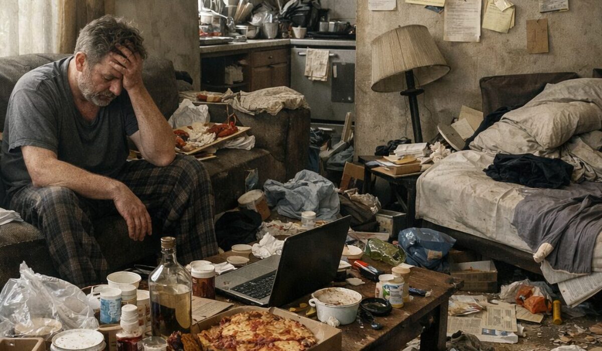 Patient assis dans un logement très encombré montrant une désorganisation globale de son existence, avec accumulation d’objets, papiers, déchets et espace de vie dégradé.