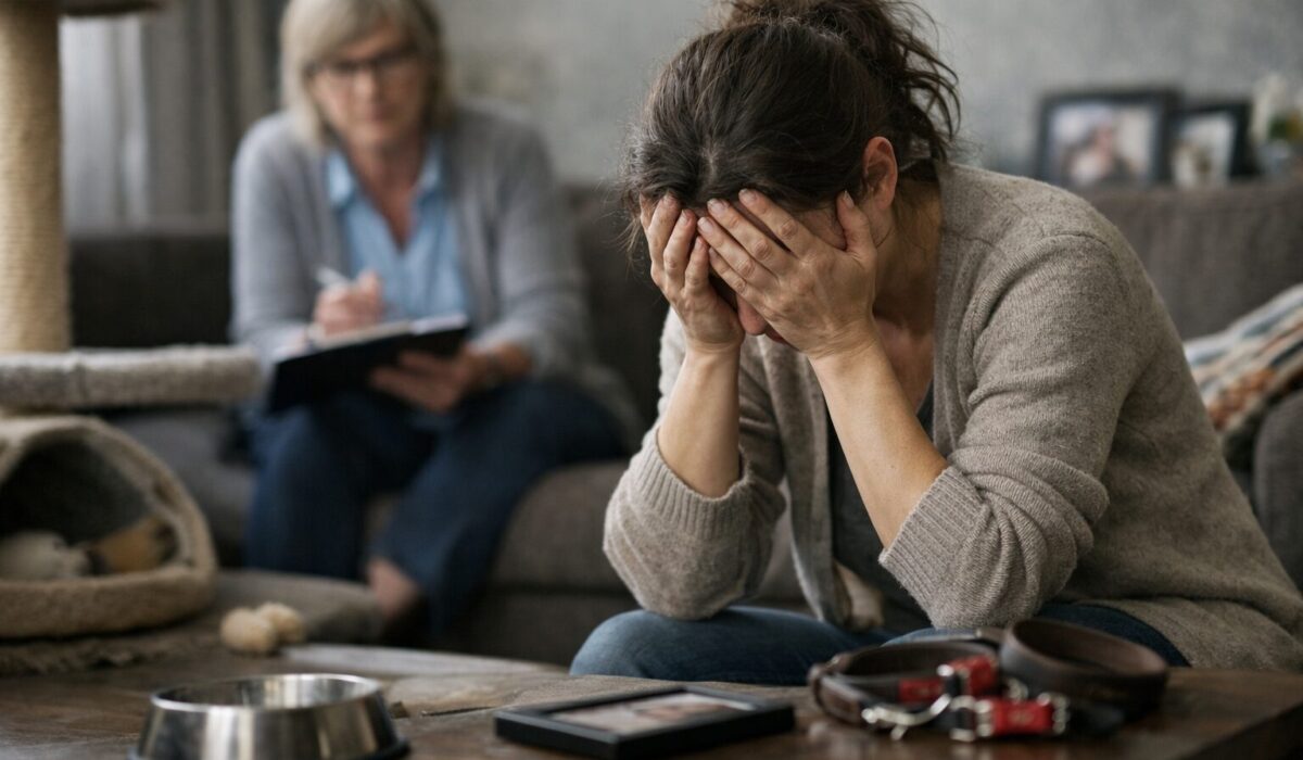 Femme en détresse psychologique après le retrait de ses animaux, accompagnée par une thérapeute dans un salon