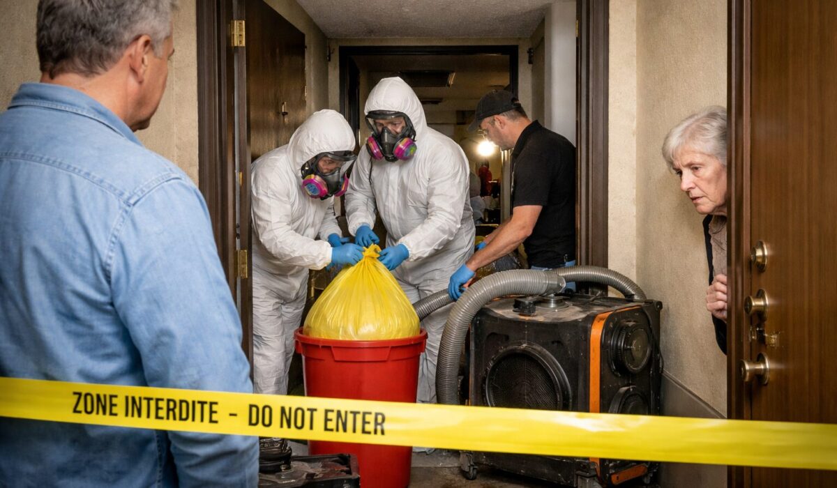 Intervention en copropriété après décès avec fortes odeurs dans un immeuble, confinement de la zone et gestion du voisinage par des professionnels spécialisés