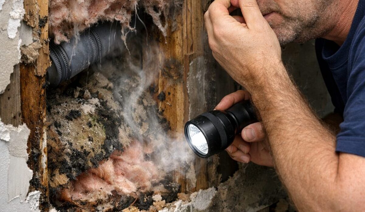 Inspection d’un mur ouvert avec isolation dégradée pour identifier une odeur qui revient 48h après nettoyage