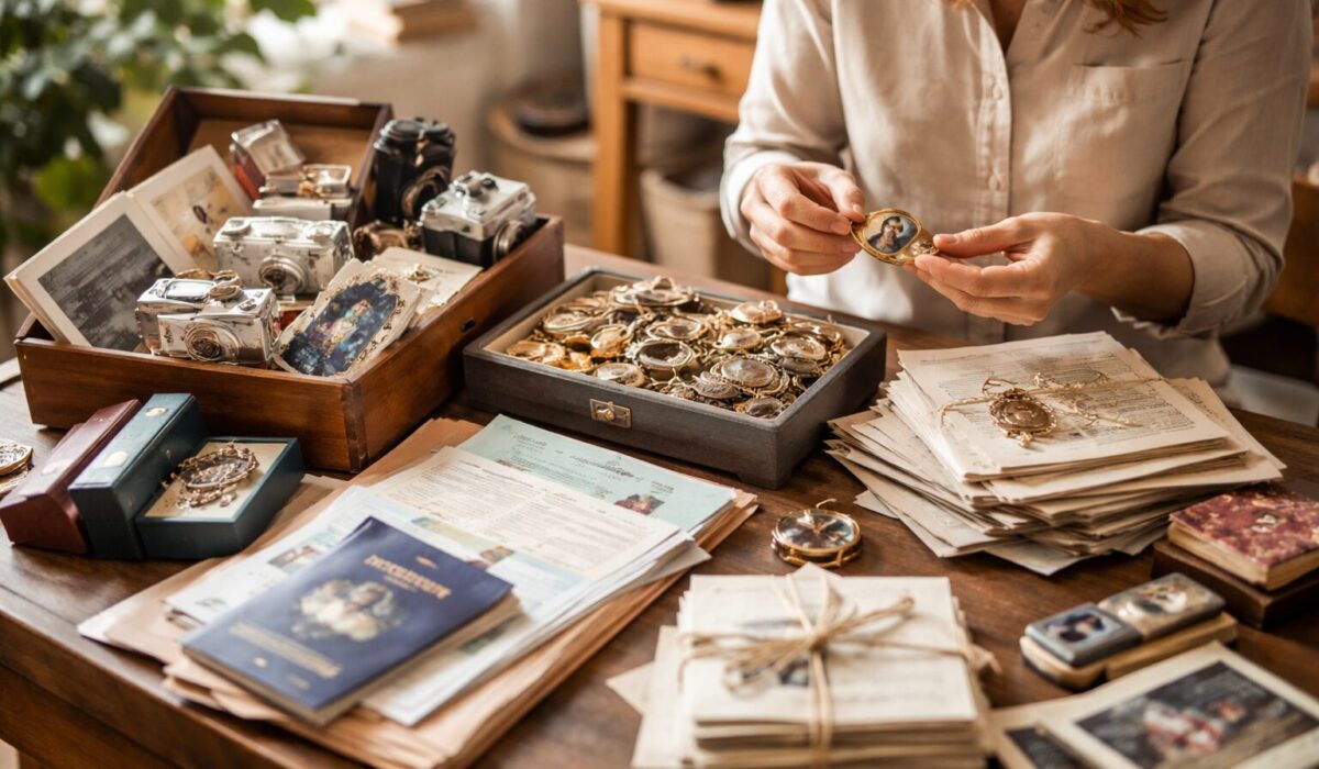 Tri rapide d’objets de valeur avec bijoux, papiers importants et souvenirs soigneusement séparés sur une table