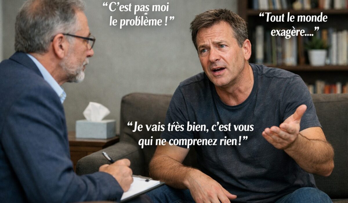 Consultation médicale réaliste entre un professionnel de santé et un patient dont le discours évoque un déni pathologique