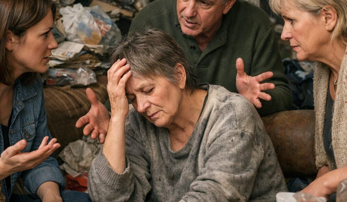 Famille échangeant avec une femme en situation de syndrome de Diogène dans un logement très encombré et insalubre