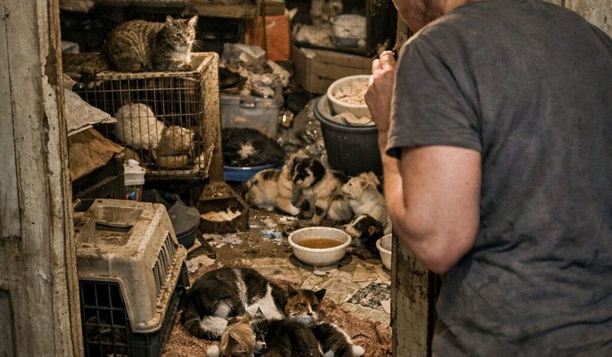 Pièce cachée dans un logement insalubre avec de nombreux chats, illustrant un syndrome de Noé et une reproduction incontrôlée d’animaux.