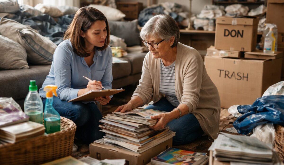 Une thérapeute aide une femme âgée à trier des magazines dans un salon très encombré, avec des cartons « DON » et « TRASH ».