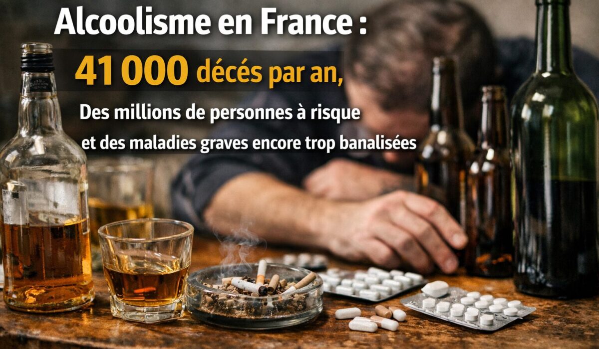 Campagne de sensibilisation sur l’alcoolisme en France avec bouteilles d’alcool et message indiquant 41 000 décès par an.