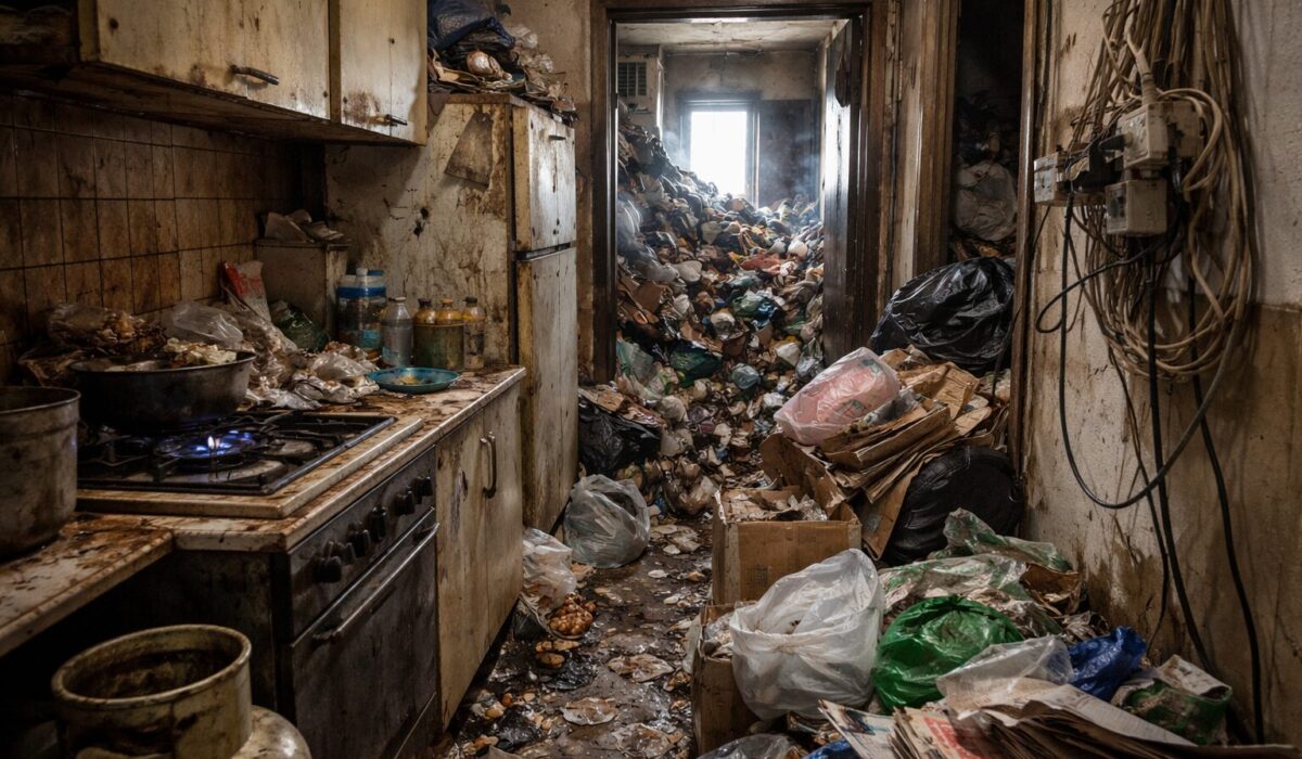 Photo horizontale d’une cuisine extrêmement encombrée, avec flamme de gaz allumée, câbles électriques apparents et passage vers la sortie partiellement bloqué par des déchets.