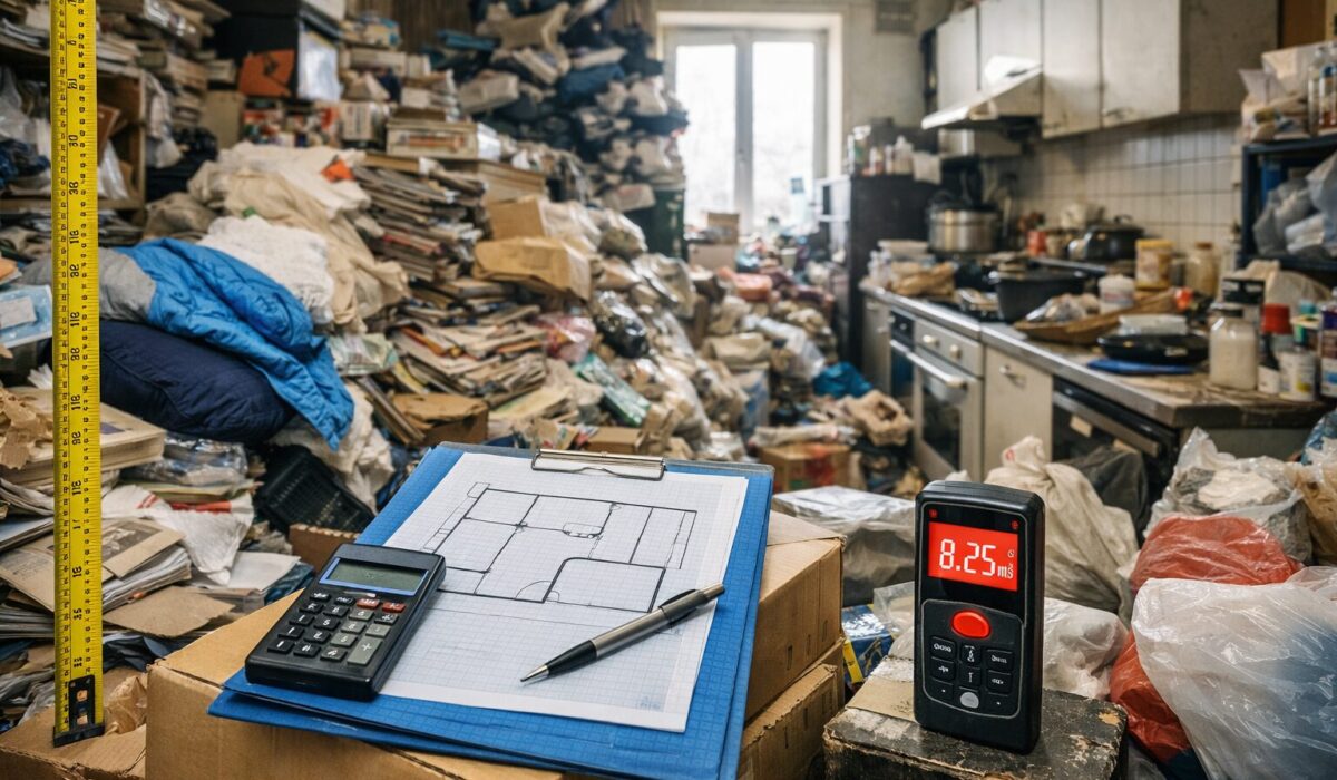Scène d’un appartement très encombré avec un plan sur clipboard, une calculatrice et un télémètre affichant 8,25 m³ pour estimer le volume à évacuer avant débarras.