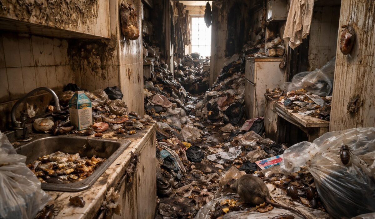 Intérieur d’un logement Diogène très encombré, avec déchets au sol, vaisselle sale, présence de nuisibles et traces d’humidité favorisant la contamination.