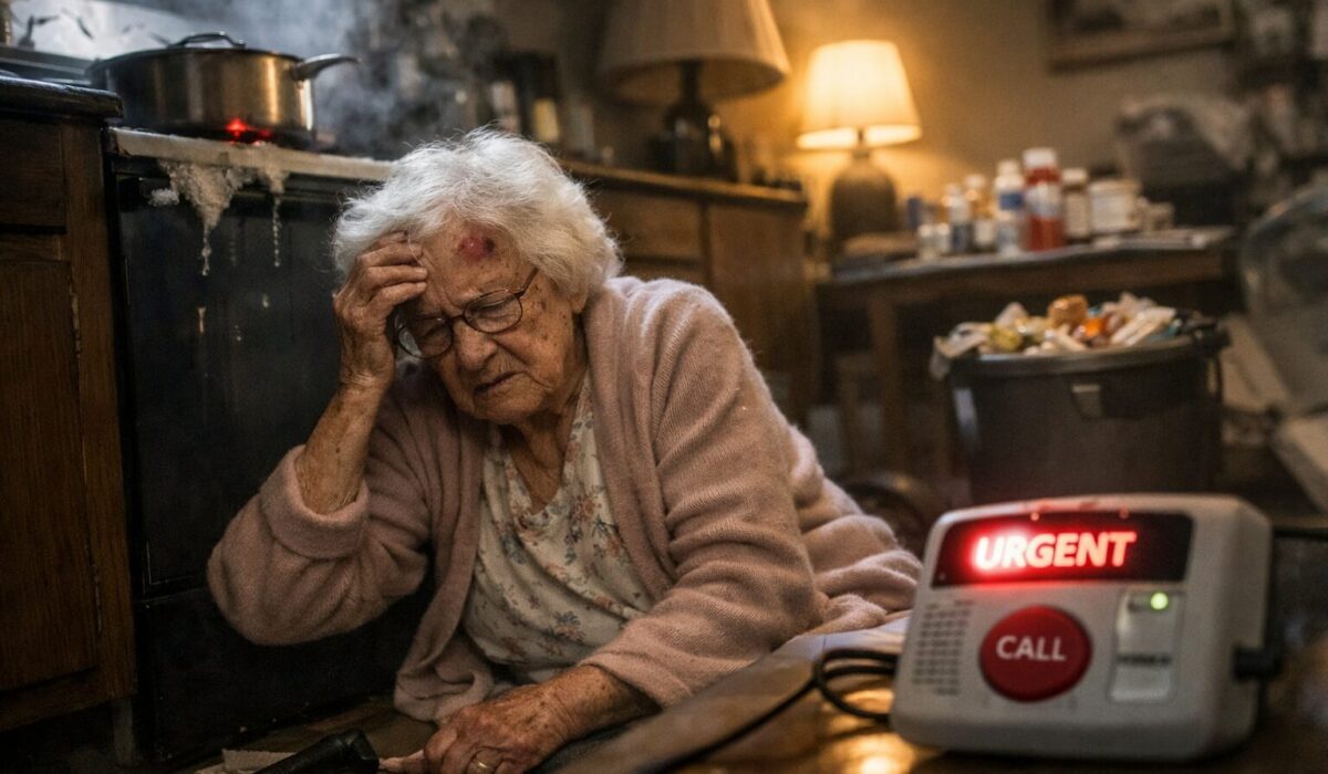 Personne âgée en situation de chute à domicile dans un environnement à risque, illustrant les dangers immédiats d’un maintien à domicile non sécurisé