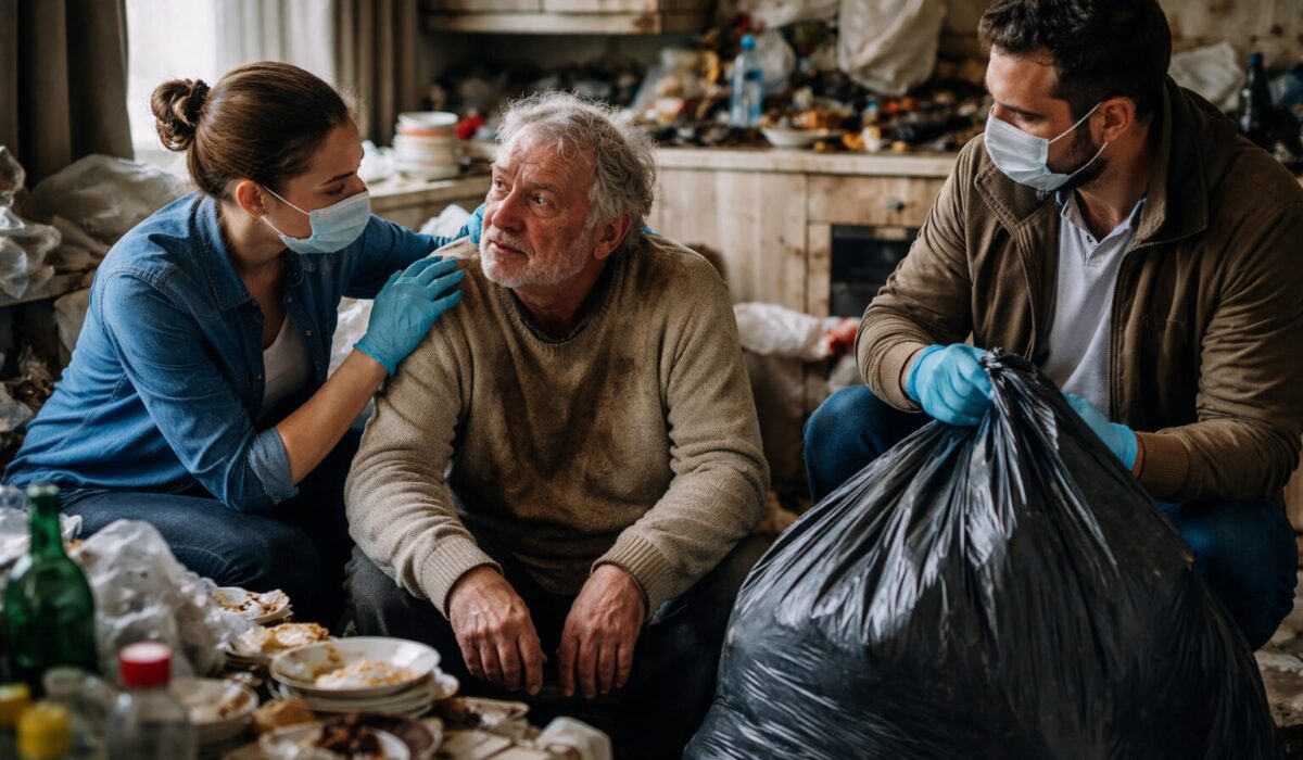 Deux intervenants accompagnent un homme âgé dans un appartement très insalubre rempli de déchets, illustrant une situation de manque d’hygiène extrême et d’aide sociale.
