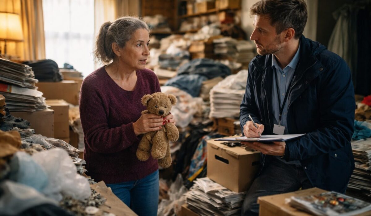 Femme tenant un ours en peluche dans un logement encombré discutant avec un travailleur social prenant des notes
