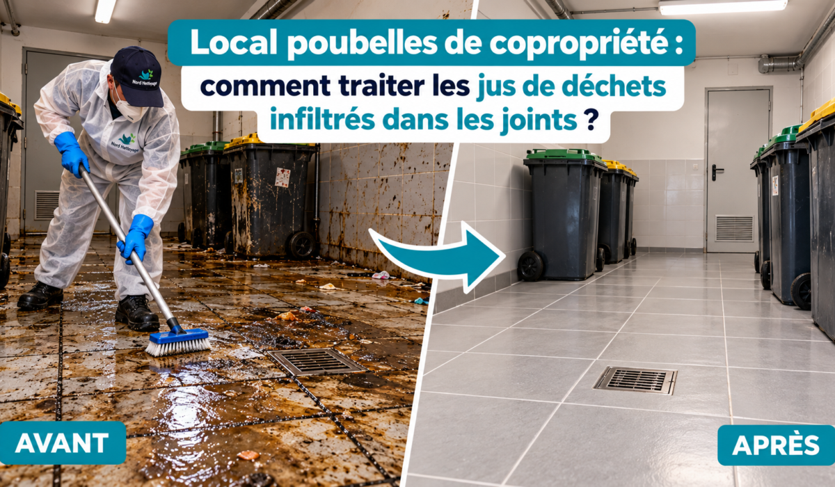 Nettoyage des joints de carrelage d'un local poubelles de copropriété souillés par des jus de déchets, illustration avant et après intervention.