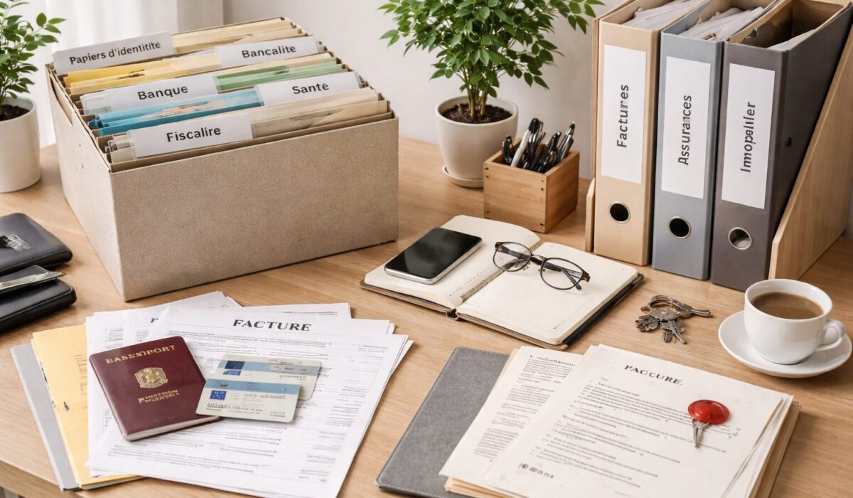 Bureau en bois avec classeurs étiquetés, dossiers de classement, factures posées, passeport et cartes d’identité, carnet et tasse de café