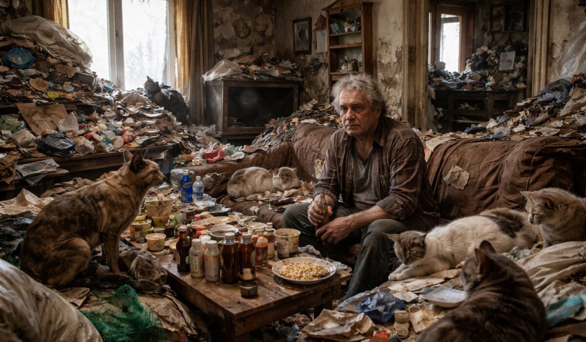 Domicile insalubre d’un patient complexe avec accumulation d’objets, nombreux chats et forte désorganisation évoquant des signes de syndrome de Diogène, de syndrome de Noé et de syndrome de Korsakoff.