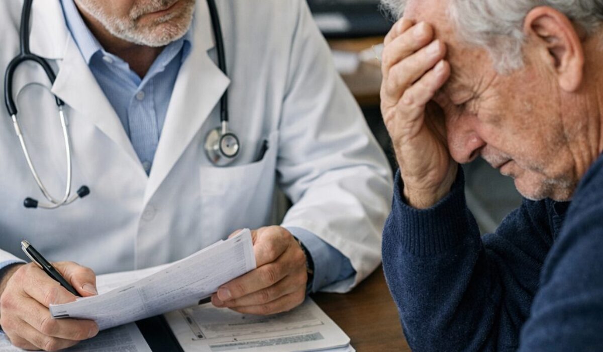 Consultation médicale entre un médecin et un patient âgé pour évaluer l’aggravation d’un trouble psychique par le déclin cognitif ou l’alcoolisation chronique