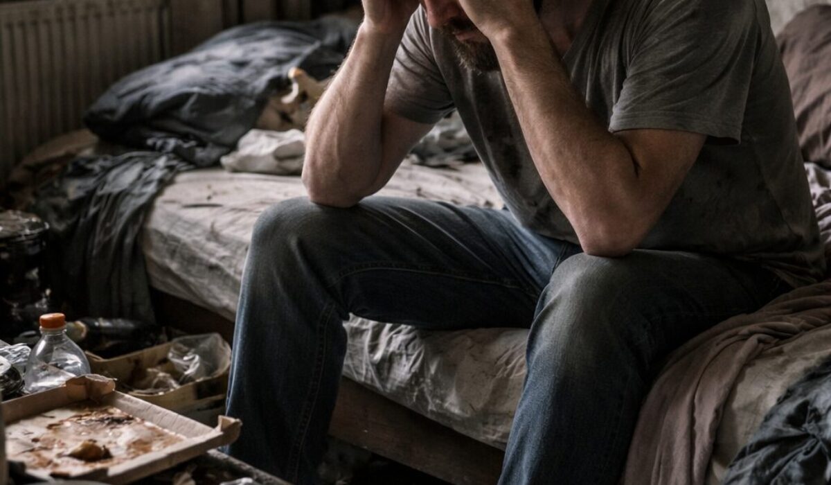 Patient en situation d’incurie assis dans un logement insalubre, illustrant une souffrance dépressive masquée