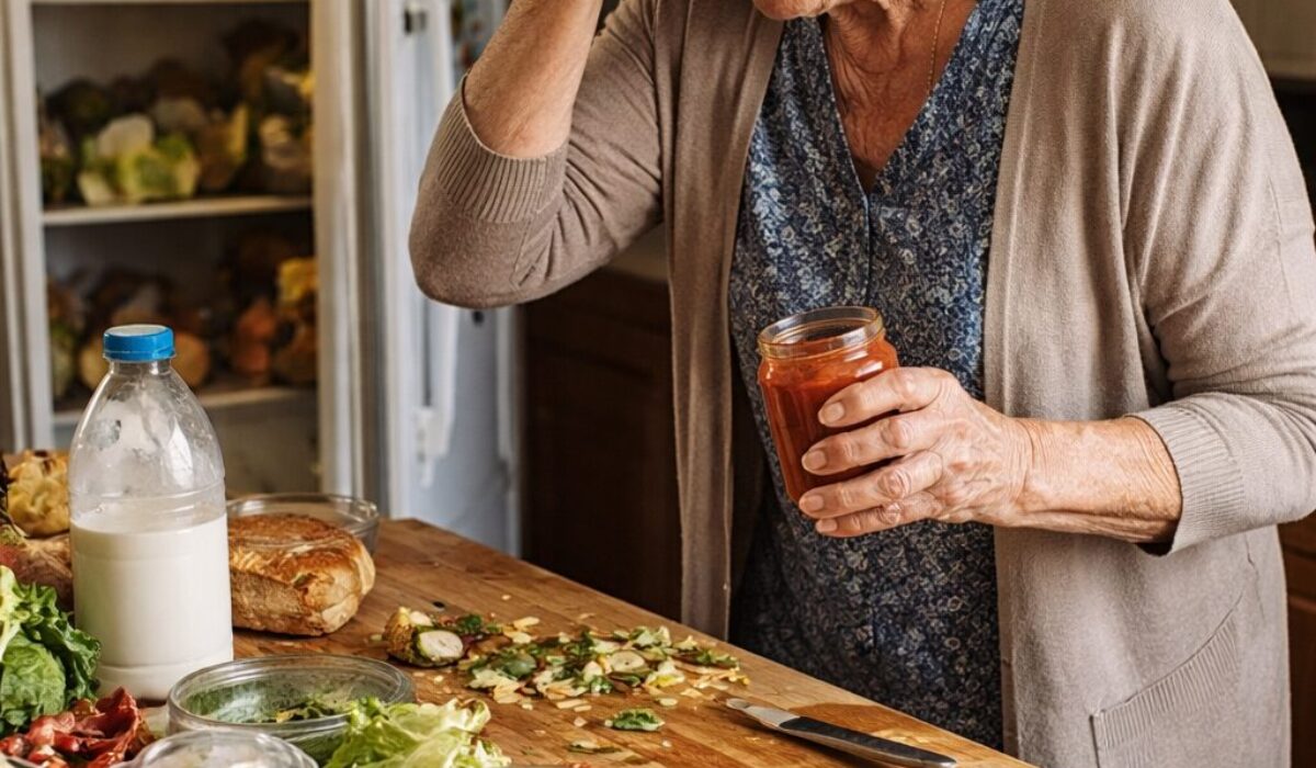 Personne âgée en difficulté dans sa cuisine, avec aliments à conserver et préparation de repas compliquée, illustrant la perte d’autonomie alimentaire et le risque de déshydratation.
