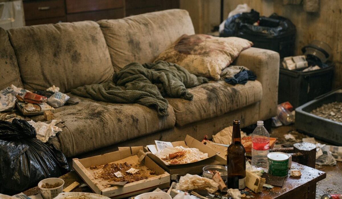 Salon insalubre avec déchets au sol, table encombrée et canapé taché illustrant un logement vécu comme une intrusion