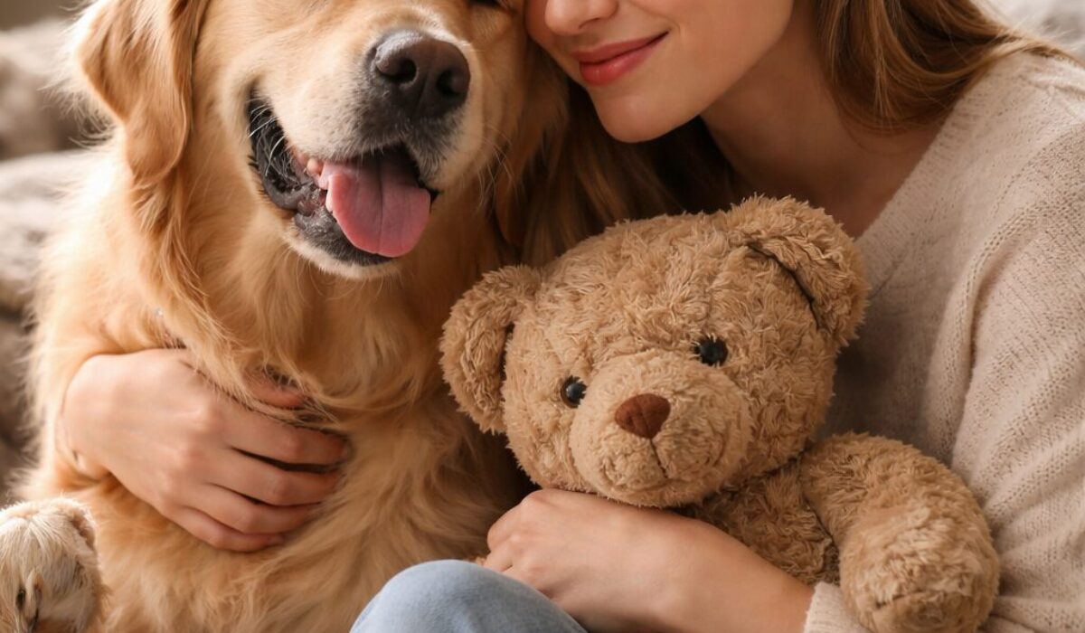 Femme serrant un chien golden retriever et un ours en peluche, illustration réaliste du lien entre objet réconfortant, animal de compagnie et équilibre émotionnel