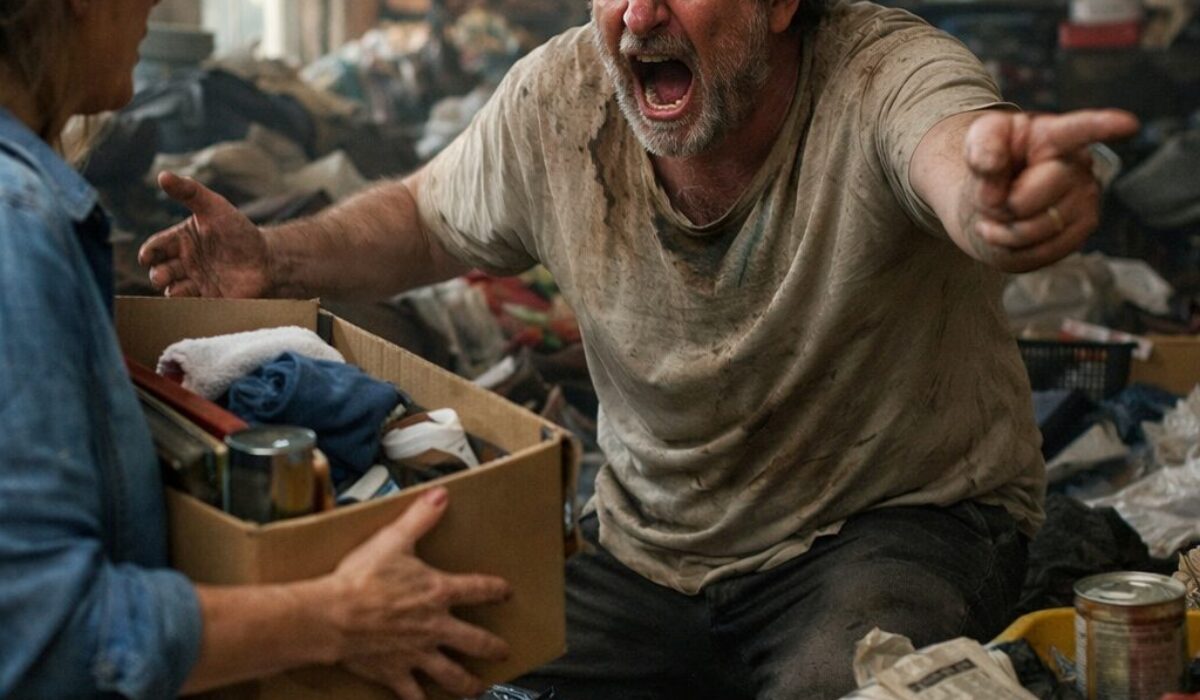 Personne atteinte du syndrome de Diogène réagissant avec panique et agressivité pendant une opération de tri dans un logement très encombré