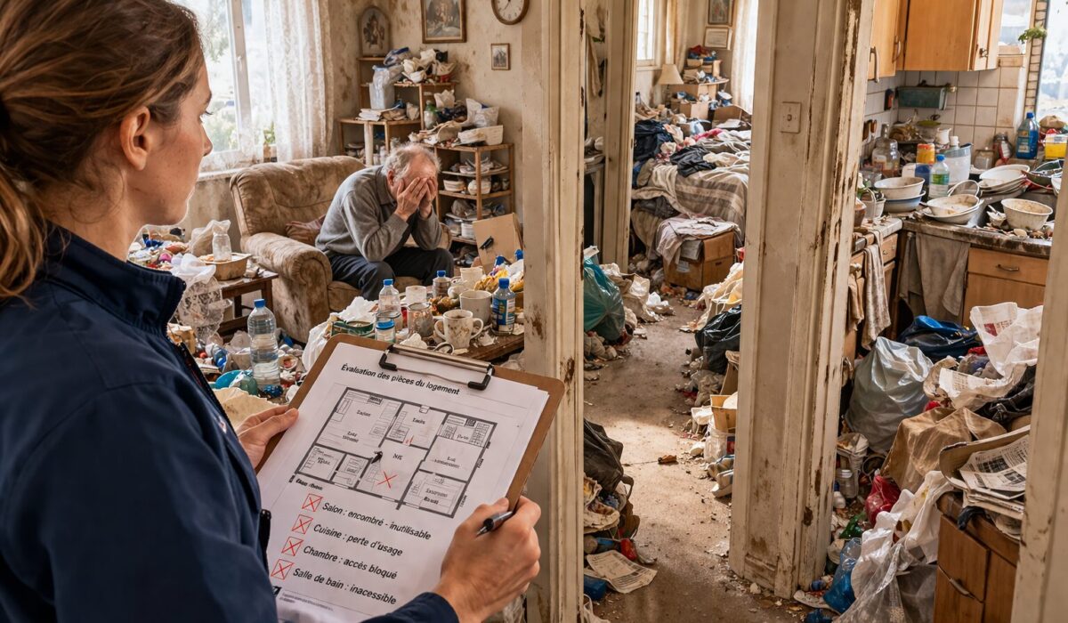 Logement encombré et insalubre illustrant la perte d’usage des pièces chez un patient en incurie