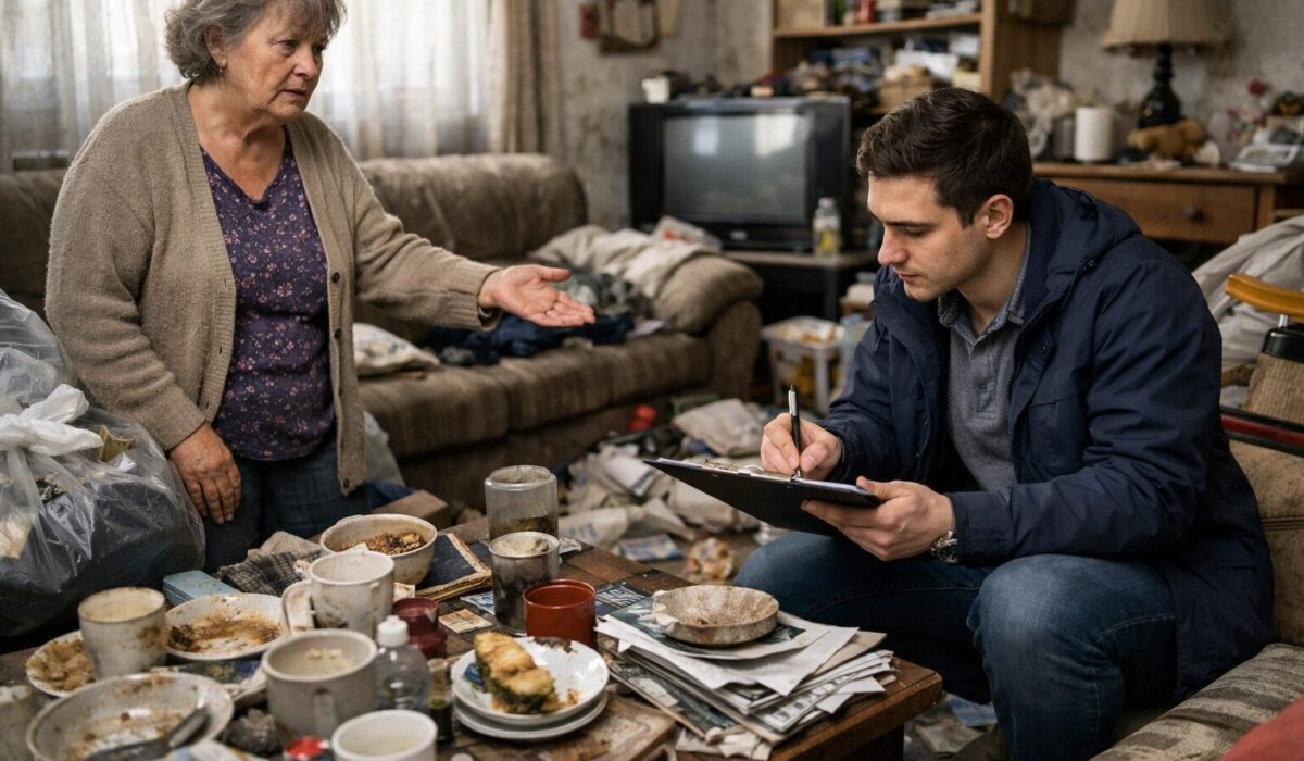 Personne âgée dans un logement encombré pendant une évaluation des signes d’incurie et de négligence familiale