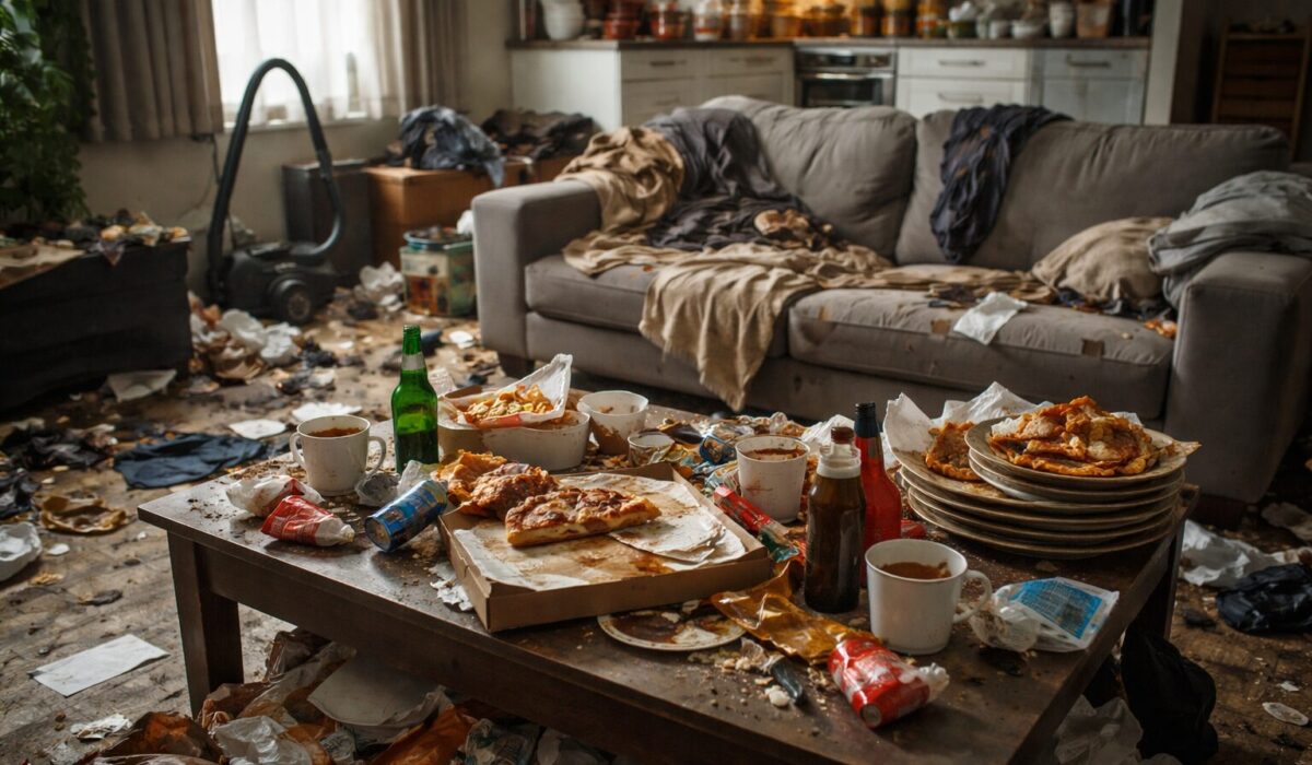 Salon encombré et sale montrant la rechute rapide de l’incurie après un nettoyage dans un logement insalubre