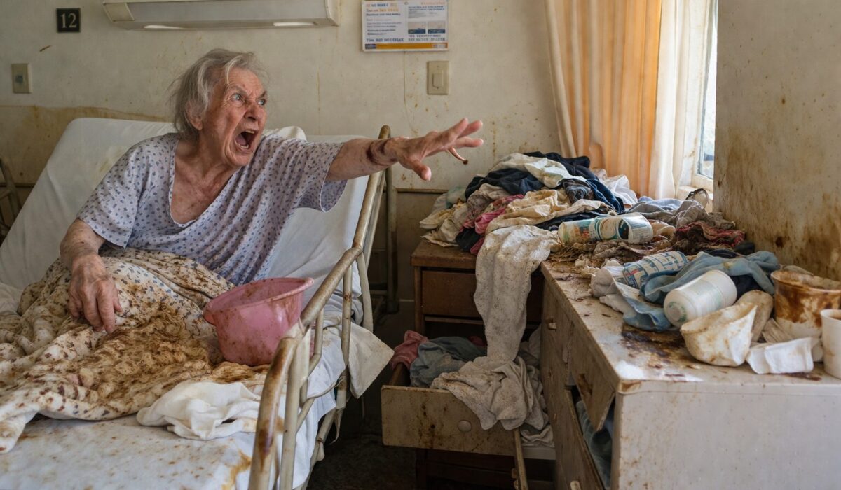Patient en état de grande détresse dans une chambre très sale, réagissant violemment après le déplacement d’un objet