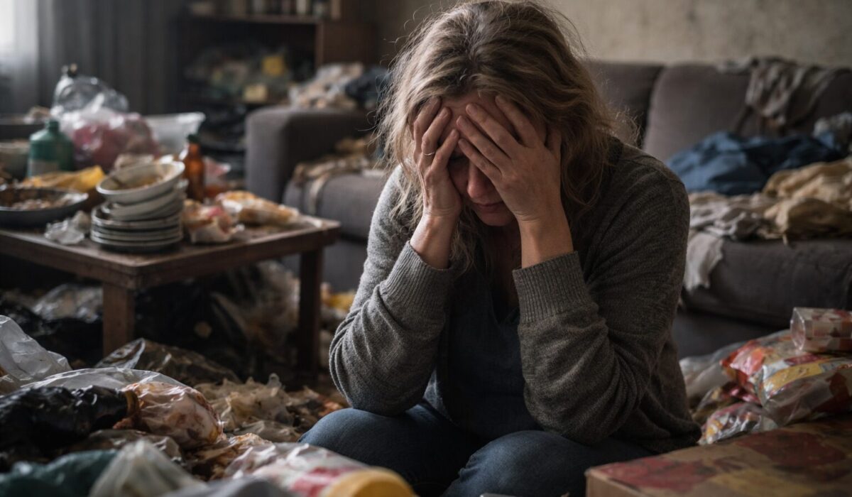 Femme assise dans un logement en situation d’incurie sévère, exprimant la honte, la souffrance psychique et la peur du jugement