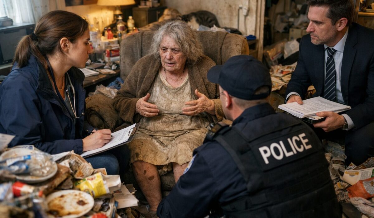 Personne âgée en situation d’incurie dans un logement très dégradé entourée de professionnels évaluant les enjeux de sécurité, de protection juridique et d’adhésion au soin