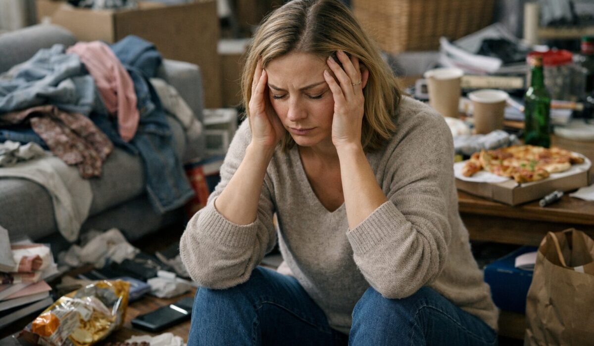 Femme assise dans un salon encombré illustrant les facteurs de rechute après un désencombrement
