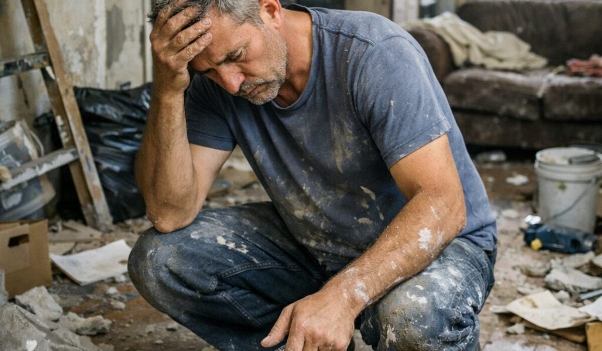 Homme accroupi dans un logement en mauvais état pendant des travaux, illustrant les limites du retour à l’autonomie malgré la remise en état du domicile.