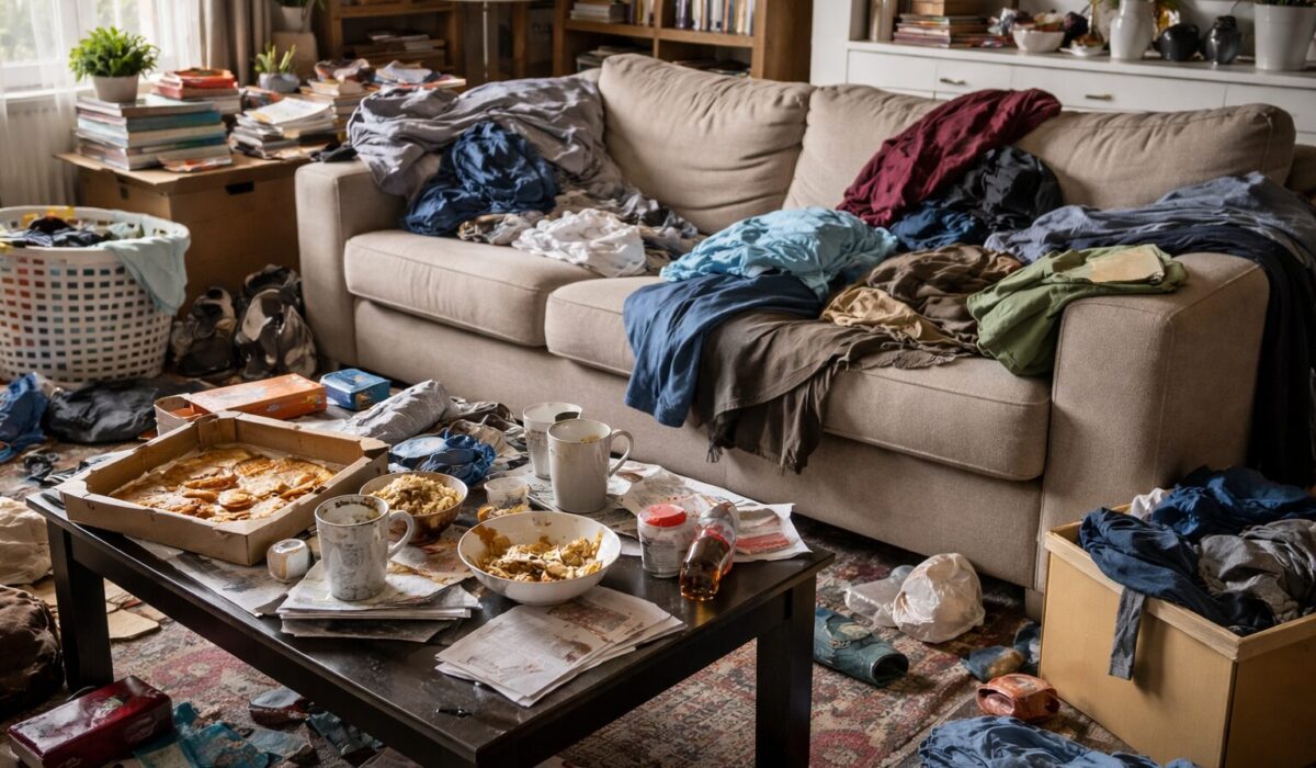 Salon encombré montrant les premiers signes de réencombrement du logement avec vêtements, papiers et objets accumulés