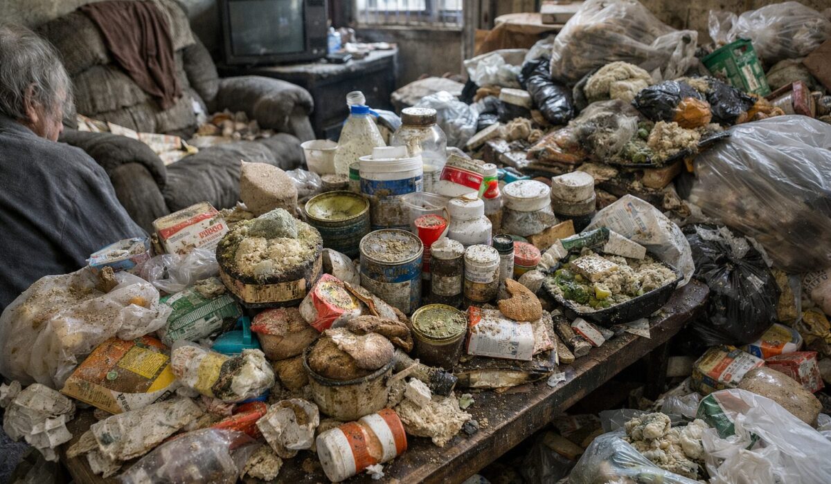 Logement encombré avec accumulation de déchets et de produits périmés dans un contexte d’incurie chronique