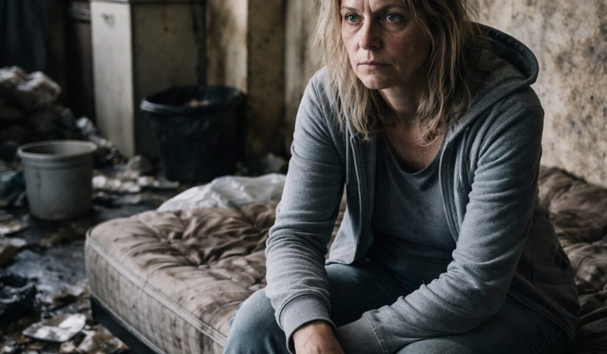 Femme assise dans un logement insalubre marqué par l’humidité, les moisissures et la détresse psychique sans émotion apparente