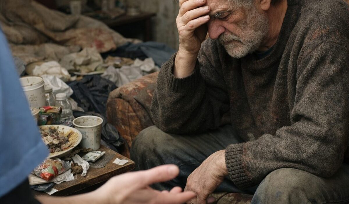 Patient en incurie assis dans un logement insalubre, illustrant le refus d’aide et la perte d’anticipation.