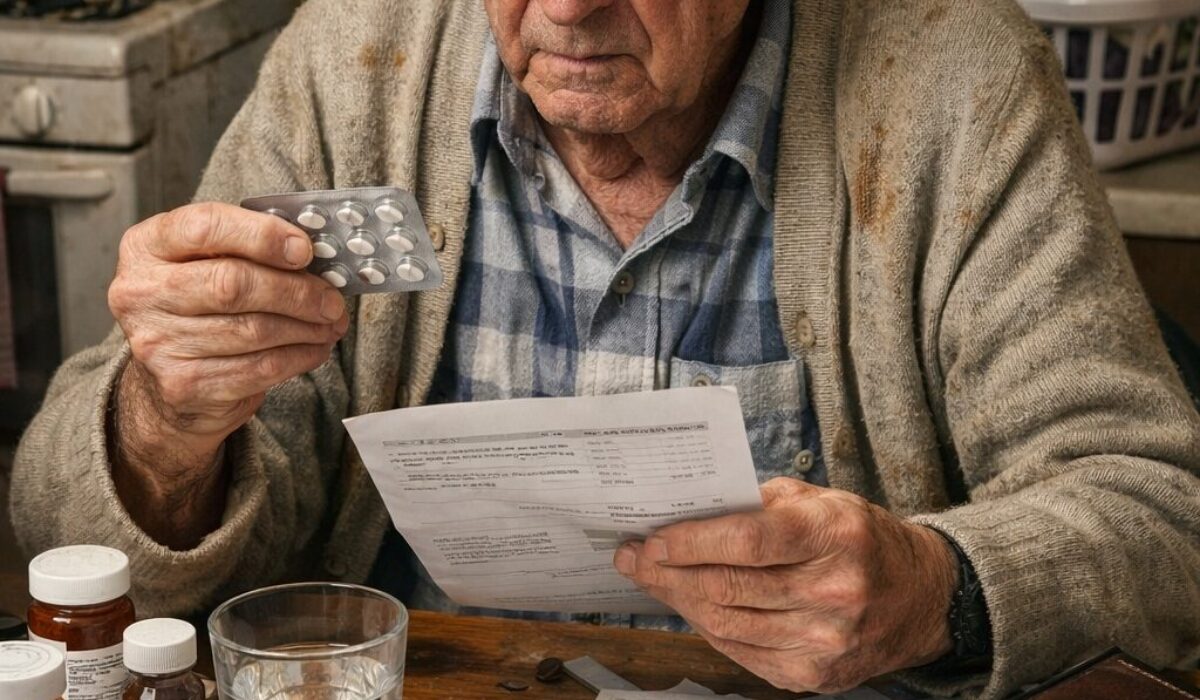 Patient âgé confus devant ses médicaments, des factures impayées et un environnement négligé, illustrant une perte d’autonomie dans la gestion de la médication, de l’hygiène et du budget